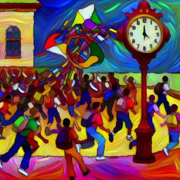 Abstracte Schoolbel Schilderij: Einde Schooldag Abstracte schilderij van schoolbel moment