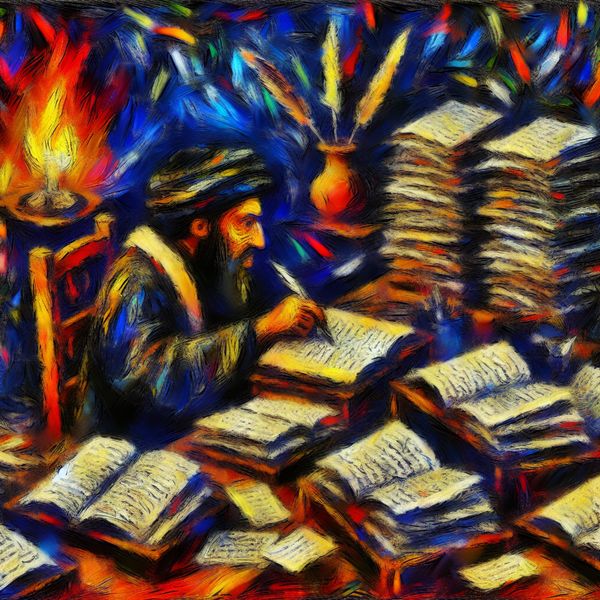 Abstract expressionistisch schilderij van een schrijver aan het werk, omringd door boeken en manuscripten in een kleurrijke, dynamische compositie