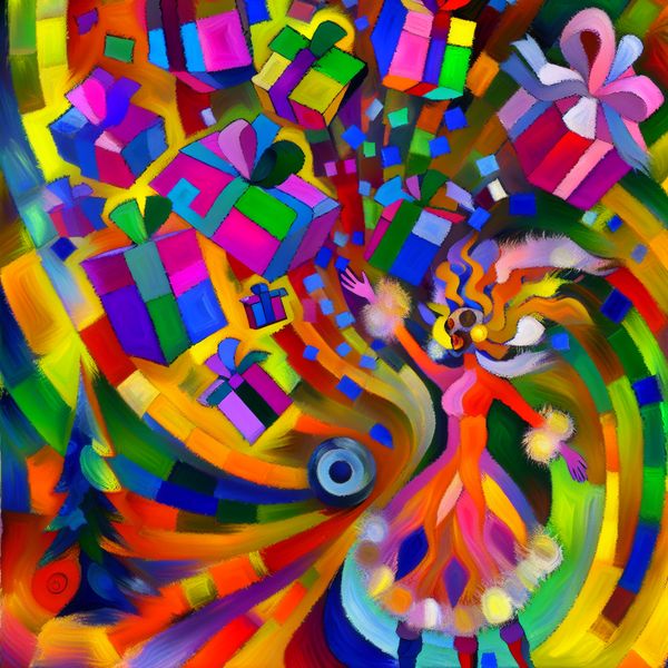 Abstracte Sinterklaas en feestelijke geschenken kunst Abstracte scène in Karel Appel-stijl van een vrolijke figuur in Sinterklaas-kostuum omringd door kleurrijke geschenken