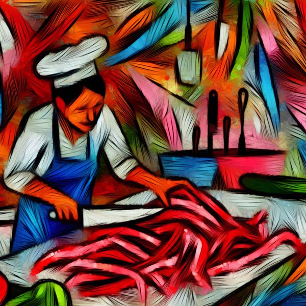 Abstracte voorstelling van een slager die felrood vlees snijdt in een levendige keuken, geschilderd in expressieve, dikke penseelstreken in de stijl van Karel Appel