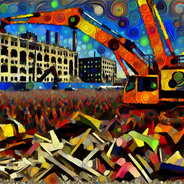 Abstracte Slooplocatie in de Stad Abstract afbeelding van een slooplocatie met kleurrijke bouwkranen en containers, waar inwoners naar de activiteit kijken.