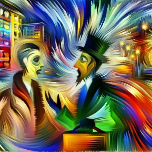 Vlotte Verkoper in Chaotische Stedelijke Setting Abstracte uitdrukking van een snel pratende verkoper in een chaotische stedelijke omgeving met kleurrijke vormen en gebaren.