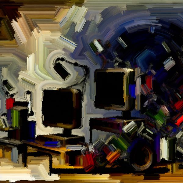 Abstracte weergave van software-innovatie en evolutie Abstracte voorstelling van software-innovatie met een rommelige computerbureau en een moderne computeropstelling