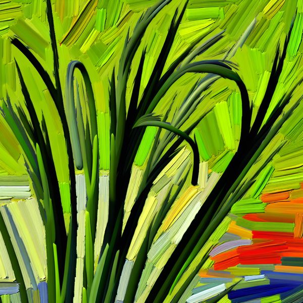 Abstracte compositie geïnspireerd door een spriet van een plant met lange, flexibele groene grassprieten die omhoog reiken tegen een kleurrijke achtergrond.
