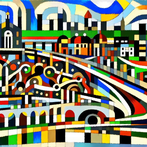 Abstracte stadscapte Nederland: samenwerking tussen staat en gemeente Abstract stadscapte van Nederland met kleurrijke vormen van wegen, bruggen en gebouwen die samenwerking symboliseren.