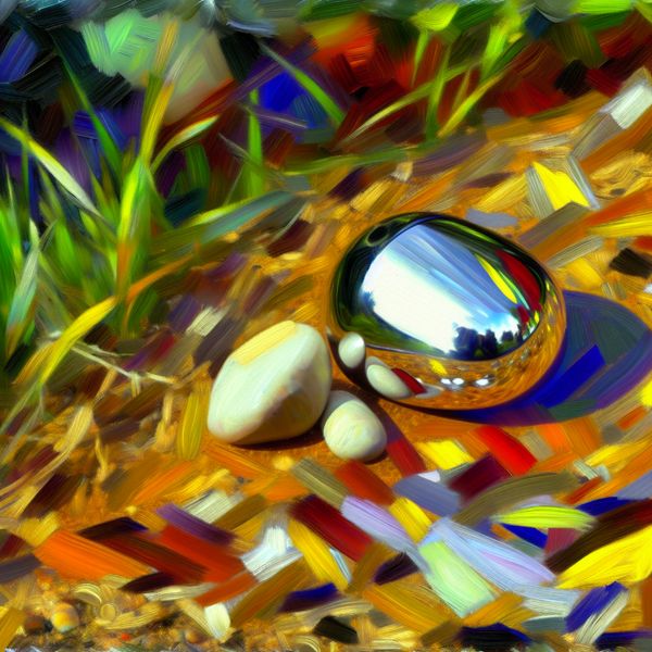 Abstracte compositie geïnspireerd door Karel Appel met een glanzende steen op de grond omgeven door kleurrijke spatten.