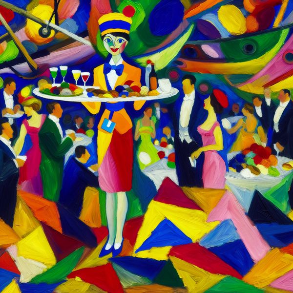Stewardess verzorgt gasten op cruiseschip of gala - abstracte kunst in stijl van Karel Appel Abstracte voorstelling van een stewardess in levendige kleuren die gasten verzorgt met hapjes en drankjes op een cruiseschip of tijdens een gala-evenement