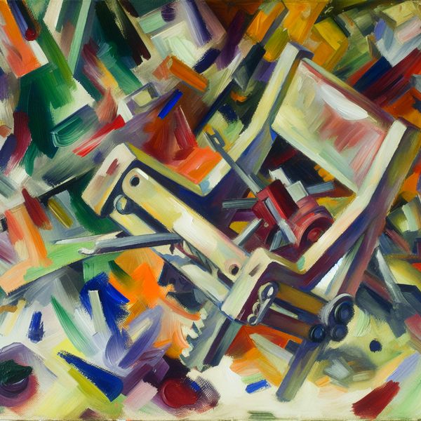 Abstracte bestemming van een gebroken stoel in expressieve schilderkunst Abstracte expressieve kunst van een gebroken stoelonderdeel in een chaotische omgeving met felle kleurensplatsen.