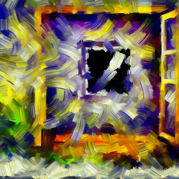 Abstract beeld van een gebroken glazen paneel dat weerspiegelt in een deur, met op de achtergrond een stormachtige lucht vol chaotische kleuren.