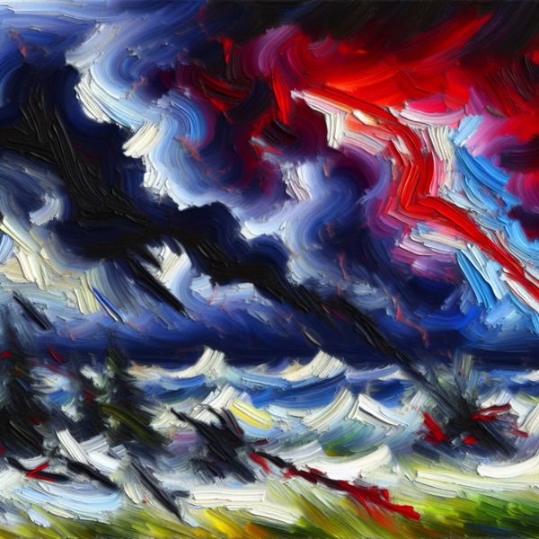Abstracte stormschilderij intensiteit en kracht in expressionistische stijl Abstracte voorstelling van een zware storm met woeste, kleurrijke penseelstreken die intense kracht en beweging uitbeelden