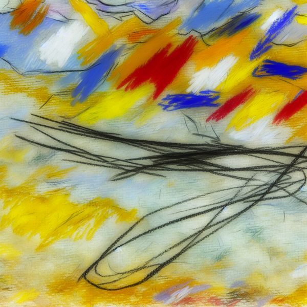 Abstract expressionistische tekening van een dunne, gebogen streep met potlood op gekleurd papier, geïnspireerd op Willem de Kooning