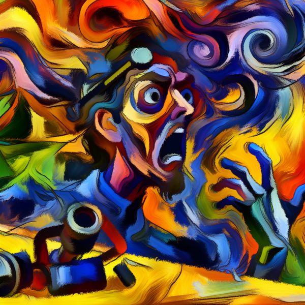 Abstract expressionistische afbeelding van een persoon met een gestreste en gejaagde uitdrukking, omringd door chaotische, dynamische penseelstreken in levendige kleuren.