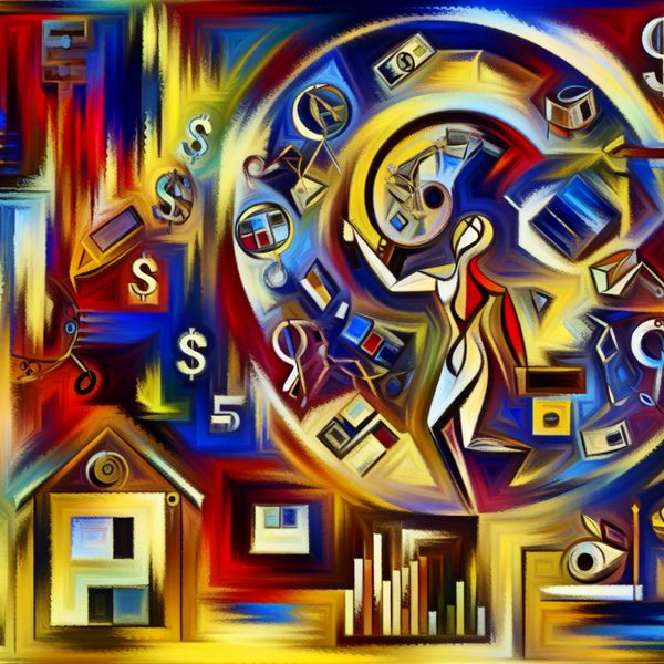 Taxatie en waardebepaling in abstract expressionistische stijl Abstract expressionistische voorstelling van taxatie met een huis, sieraden, elektronica en meubels, geïnspecteerd door een taxateur met vergrootglas en clipboard