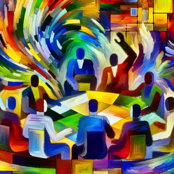 Abstracte Teamwork Beleving in een Kantooromgeving Abstracte voorstelling van teamwork met diverse individuen in een levendige kantooromgeving