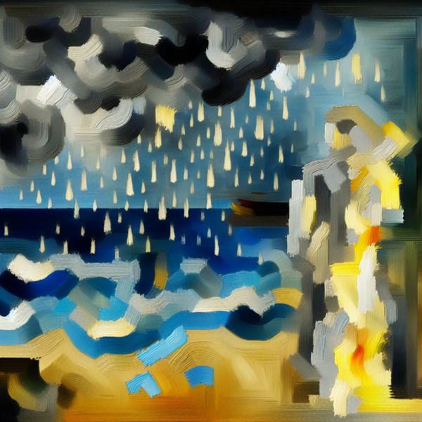 Abstracte teleurstelling: emotionele uitdrukking van een mislukt plan in expressionistische stijl Abstract expressionistisch schilderij van teleurstelling met een wazige figuur onder een stormachtige lucht en een vervagend strandbeeld