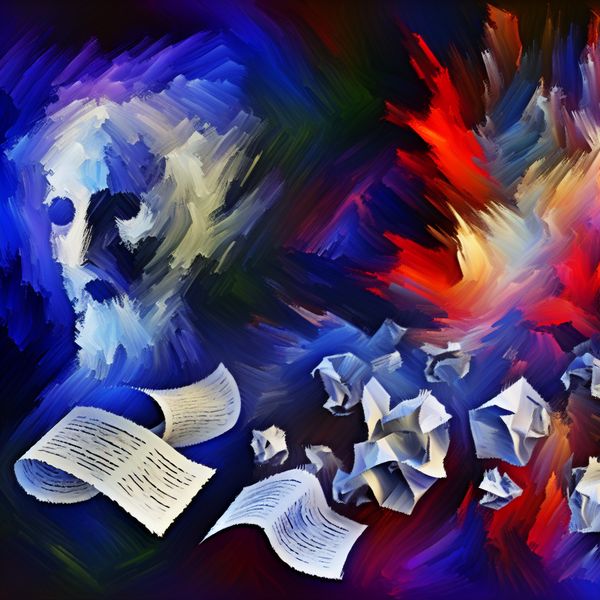 Abstracte voorstelling van een testament met gekreukte papieren en dynamische penseelstreken