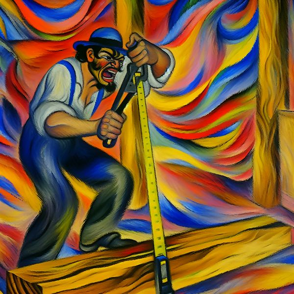 Abstract expressionistisch schilderij van een timmerman die een groot stuk hout meet met een felgele meetlint, afmeting benadrukkend