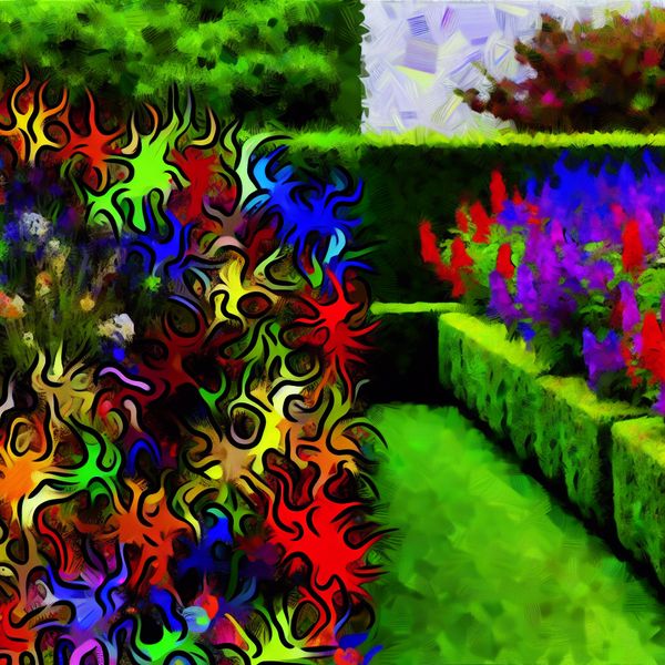 Abstracte tuin met heg in de stijl van Karel Appel Abstracte afbeelding van een tuin met een heg die twee verschillende tuinstijlen scheidt, een kleurrijke en een rustige, in de stijl van Karel Appel.