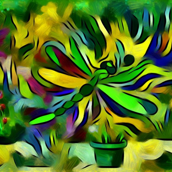 Vibrante abstracte tuin met juffer Abstracte weergave van een levendige tuin in de zomer met kleurrijke planten en bloemen en een felgekleurde juffer in het midden.