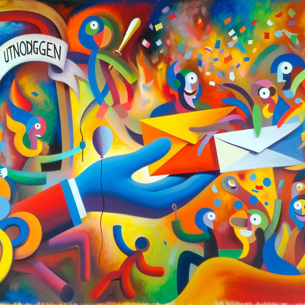 Abstracte uitnodiging voor feest of bijeenkomst - leren uitnodigen in het Nederlands Kleurrijke abstracte uitnodiging met een grote hand die een envelop aanbiedt, omringd door vrolijke figuren met ballonnen en confetti in de stijl van Karel Appel