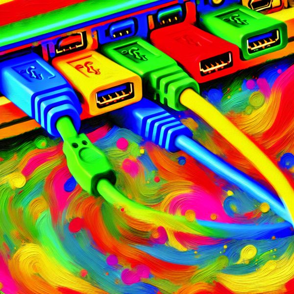Abstracte digitale illustratie van levendige USB-poorten op een laptop met expressieve penseelstreken en felle kleuren, symboliserend aansluiting op een computer