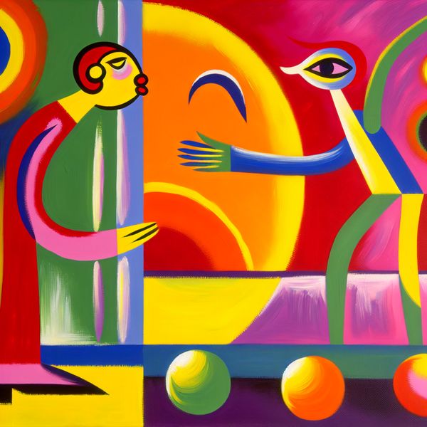Een abstracte afbeelding van een figuur die een luchtkus geeft naar een andere figuur die glimlacht en gedag zwaait, met levendige kleuren en dynamische vormen.