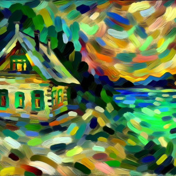 Abstracte expressie van een vakantiewoning omgeven door een levendig landschap met een serene merenuitzicht en kinderen die spelen.