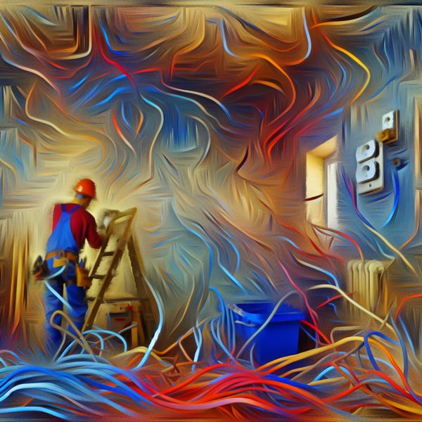 Abstracte verbindingen: telefoonlijnen en stroomkabels in expressieve stijl Abstract expressionistisch schilderij van een elektricien die ingewikkelde, felgekleurde telefoon- en stroomkabels inspecteert, symbool voor verbindingen en energie
