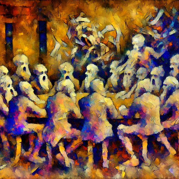 Abstracte Vergadering van Raadslieden Abstracte uitdrukking met een groep figuren die leden van een raad voorstellen in een dynamische vergadering met energieke penseelstreken.