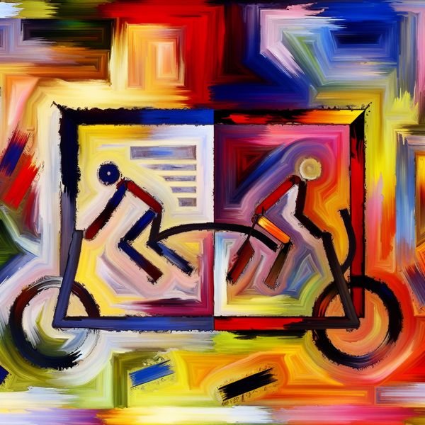 Abstracte Vergelijking van Fiets en Boek in Expressieve Stijl Abstract expressionistisch schilderij met twee verweven figuren, één fiets en één boek, geschilderd met krachtige, expressieve penseelstreken.