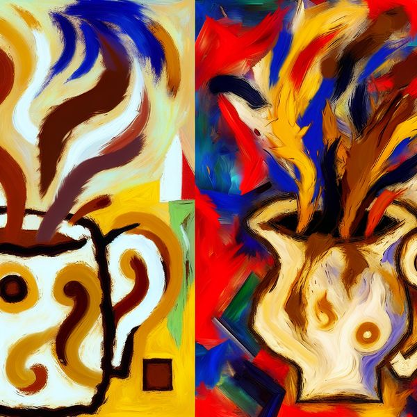 Abstracte vergelijking hoeveelheid meer - expressieve koffie illustratie voor taalonderwijs Abstracte voorstelling van 'meer' met een kleine en een grote overvolle kop koffie in expressieve stijl van Karel Appel