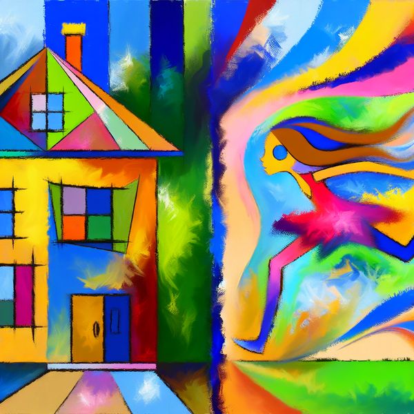 Abstracte afbeelding van een grote kleurrijke huis dat 'mijn huis' voorstelt, naast een kleiner huis dat 'jouw huis' symboliseert, met een snel rennend meisje en haar broer in een levendige compositie.