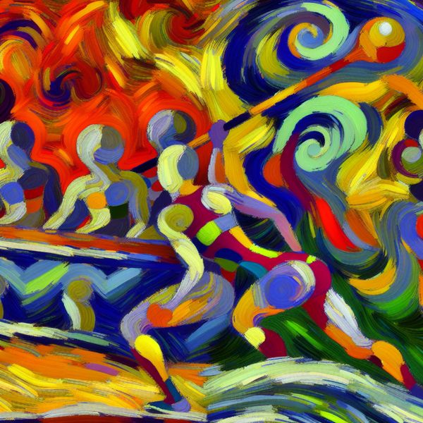 Abstracte Vergelijking van Prestaties in Beweging Abstract schilderij dat de vergelijking toont tussen een energieke atleet en een reflectieve huidige staat met contrasterende kleuren.