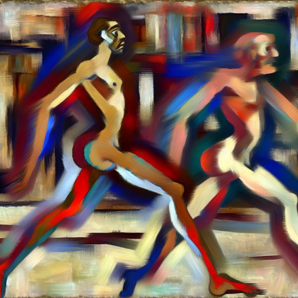 Vergelijking tussen twee figuren in abstract expressionistische stijl - taal en kunst Abstract expressionistisch schilderij van twee dynamische figuren die naast elkaar lopen, met nadruk op vergelijking en gelijkenis in beweging en houding