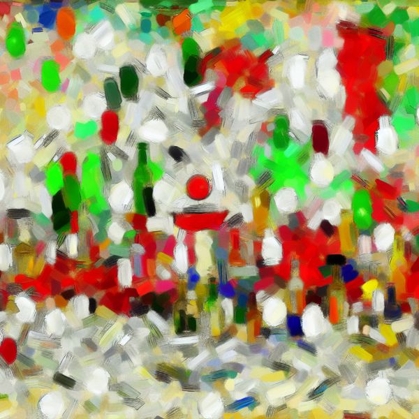 Abstract expressionistische afbeelding van een levendige verjaardagsfeest-sfeer met bruisende dranken en feestdecoraties.