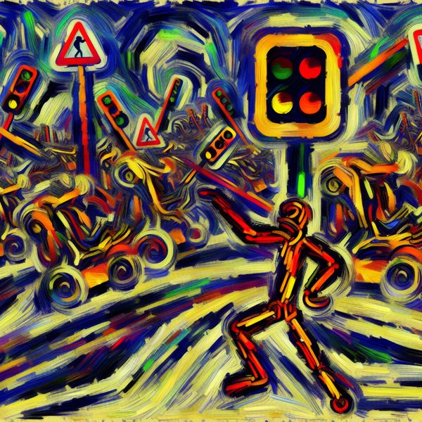 Abstracte voorstelling van verkeersveiligheid met felle verkeerslichten en een chaotische straatomgeving.