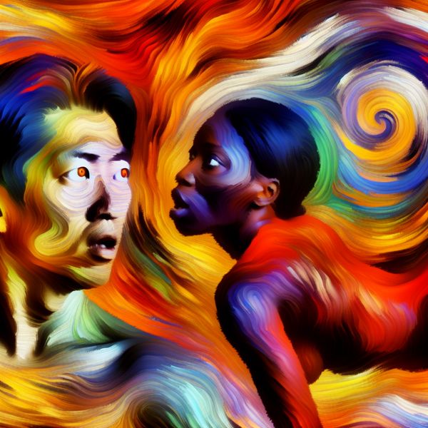 Abstracte Verleiding en Verlangen in Kunst Abstracte compositie van een man met intense, verlangende ogen die naar een vrouw in een uitdagende pose kijkt, gevuld met vurige kleuren.