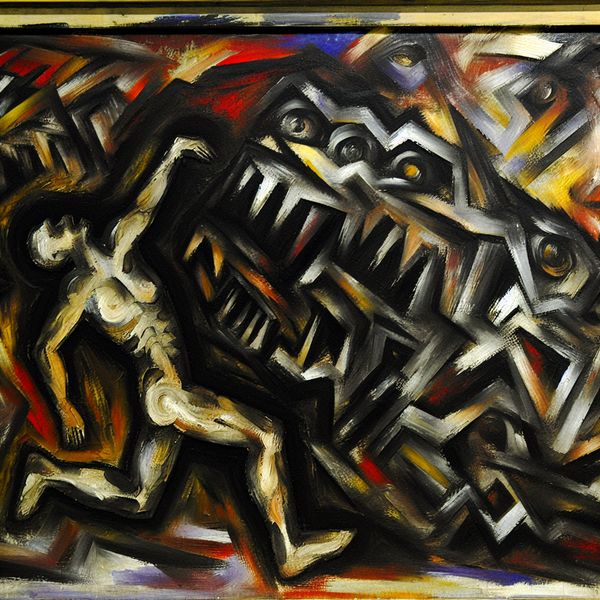 Vernietiger van emoties: abstracte voorstelling van stress als destructieve kracht Abstract expressionistisch schilderij van een vernietigende stresskracht die een fragiel menselijk figuur kapotmaakt, symbolisch voor emotionele vernietiging