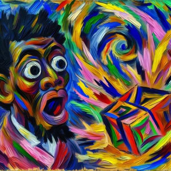 Abstracte verrassing: verbazing en emotie in expressionistische stijl Abstract expressionistisch schilderij van een verbaasd gezicht dat naar een kleurrijk ingepakt cadeau kijkt, symbool voor verrassing en verbazing