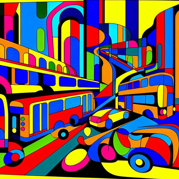 Abstracte compositie van kleurrijke vervoermiddelen in een levendige stadsomgeving, geïnspireerd door Karel Appel.