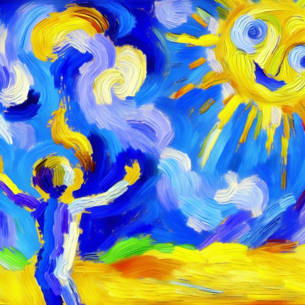 Abstract schilderij in stijl van Karel Appel met kinderfiguur die armen uitstrekt naar zonnige lucht, symboliserend hoop en verwachting