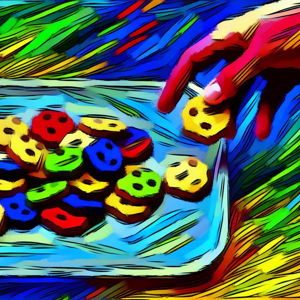 Abstracte Verwijdering van Koekjes Abstracte voorstelling van het verwijderen van koekjes door een hand, met een chaotische achtergrond