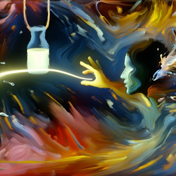 Abstract expressionistisch schilderij van een persoon die nadenkt over een vage verwijzing naar een melkfles, met dynamische penseelstreken en levendige kleuren