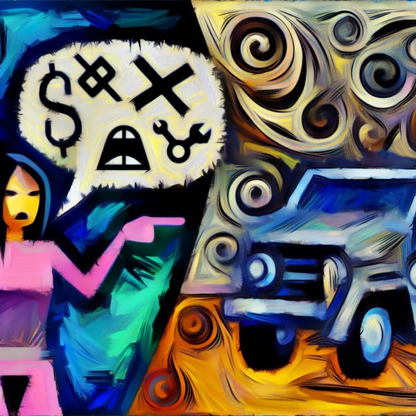 Abstracte verwijzing naar negatieve of kostbare zaken in taal en context Abstract expressionistisch schilderij dat verwijst naar negatieve of kostbare situaties, met een boos persoon en een dure auto als symbolen voor 'zulke' dingen