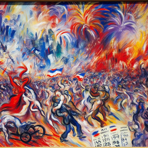 Historische datum viering 1945 abstract expressionisme schilderij Abstract expressionistisch schilderij van een chaotische viering van een historische datum in 1945, met dynamische figuren en felle kleuren
