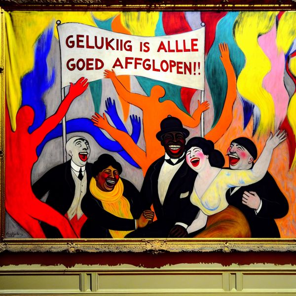 Vibrante abstracte compositie van viering en positieve uitkomsten Een kleurrijke abstracte compositie met diverse mensen die samen vieren en een banner vasthouden met de tekst 'Gelukkig is alles goed afgelopen'.