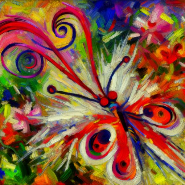 Vibrante abstracte vlinder met antennes in bloemen Abstracte weergave van een vlinder met lange, overdreven antennes in een kleurrijke bloemenachtergrond, symboliserend navigatie en leven.