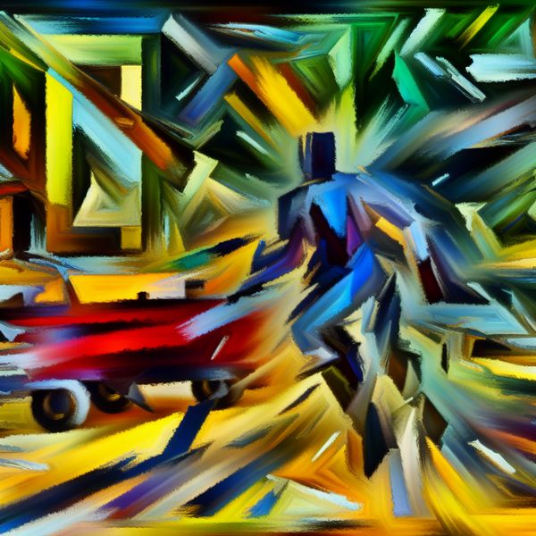 Abstracte vlucht na inbraak - moderne kunst Abstracte expressie van een crimineel die vlucht na een inbraak, met chaotische penseelstreken en donkere kleuren.