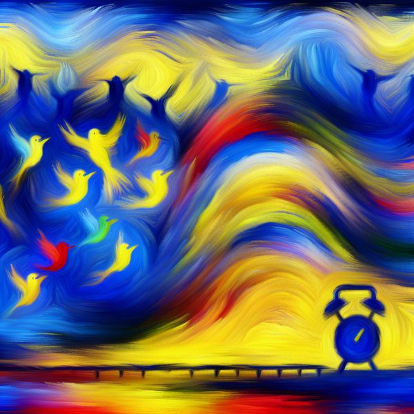 Vrolijke vogels en abstracte geluiden in expressieve kunst Abstract expressionistisch schilderij van een kleurrijke lucht gevuld met jonge vogels die piepen.