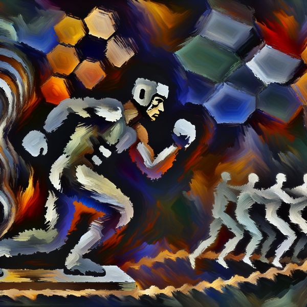 Abstracte voorstelling van ijzeren discipline in training Abstracte afbeelding van een figuur die intensieve training ondergaat, omringd door metalen vormen en levendige kleuren die ijzeren discipline symboliseren.